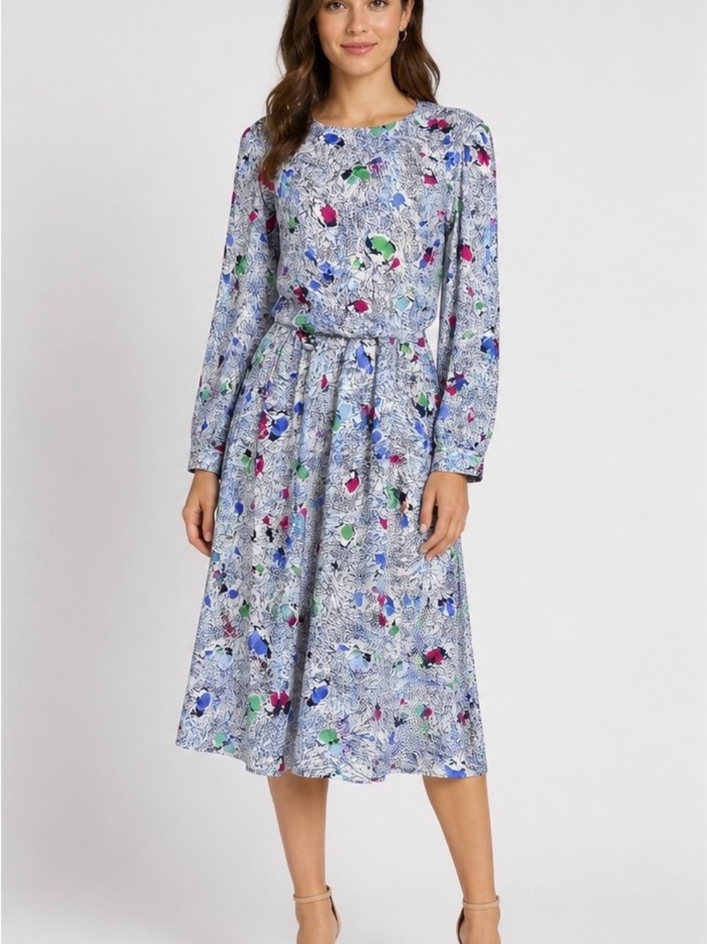 Vintage Bedford Fair Women’s Floral Midi Dress Size M Shoulder Pleat Long Sleeve